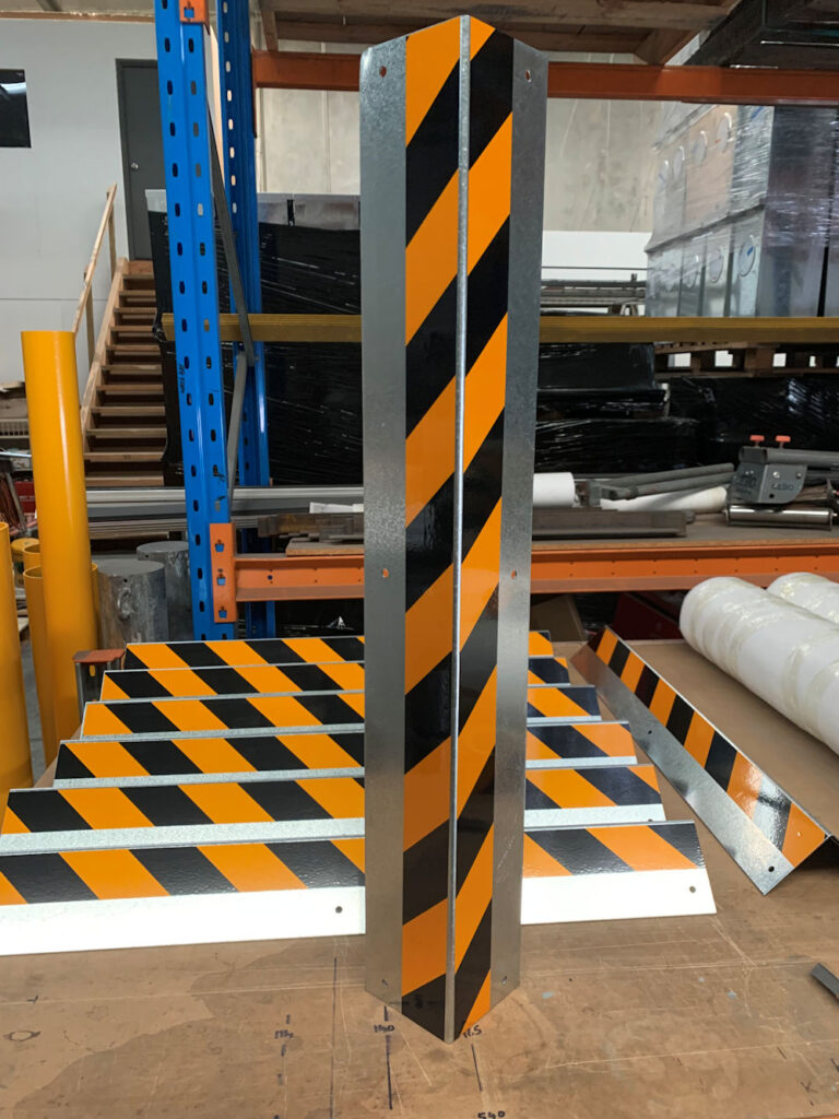 Steel corner protection with safety stripes in Perth warehouse
